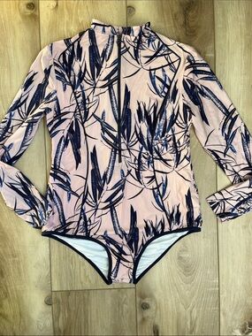 Lyra Leaf Print Long Sleeve One Piece Swimsuit Bathing Suit Pink Blue Size M